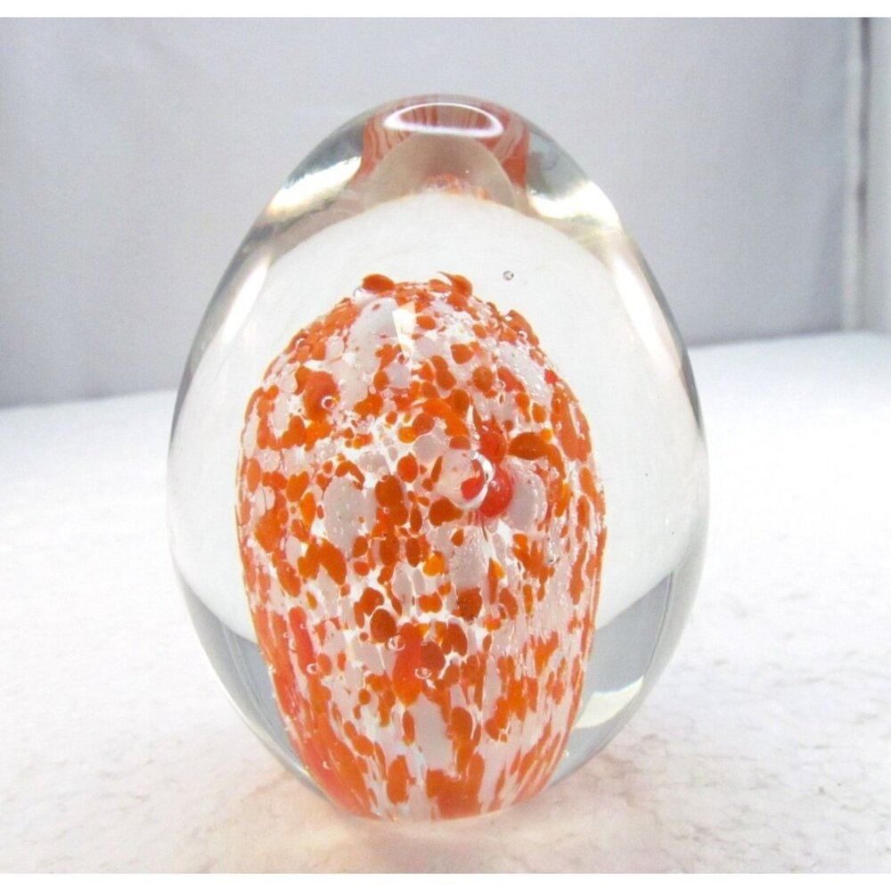 Splatter Orange and White Art Glass Oval Egg Shape Paperweight